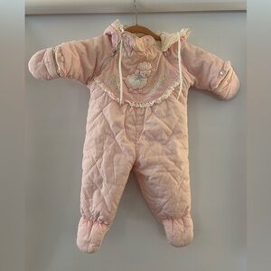 Vintage Pink Quilted, Lace Trimmed Baby Snowsuit, Lamb Detail, 3-6MO